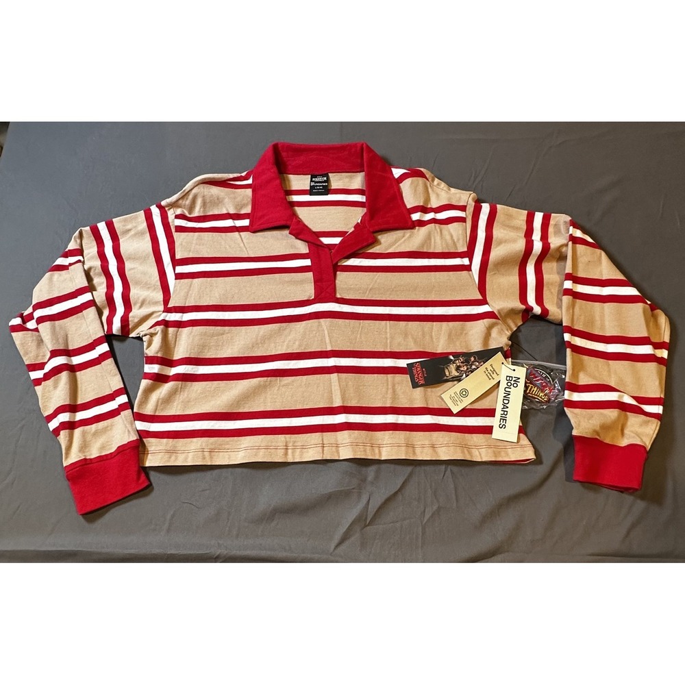 Stranger Things No Boundaries Cropped Rugby Polo Shirt Tan Red Striped Large New